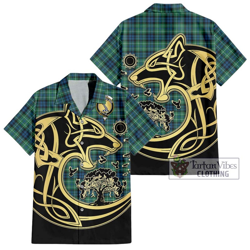 McNeil of Colonsay Ancient Tartan Short Sleeve Button Shirt with Family Crest Celtic Wolf Style