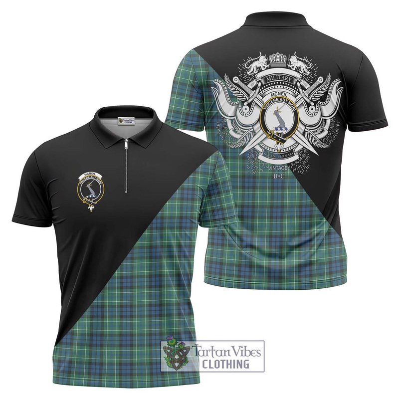 McNeil of Colonsay Ancient Tartan Zipper Polo Shirt with Family Crest and Military Logo Style