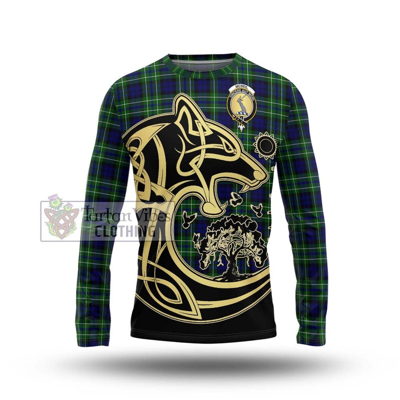 McNeil of Colonsay Modern Tartan Long Sleeve T-Shirt with Family Crest Celtic Wolf Style