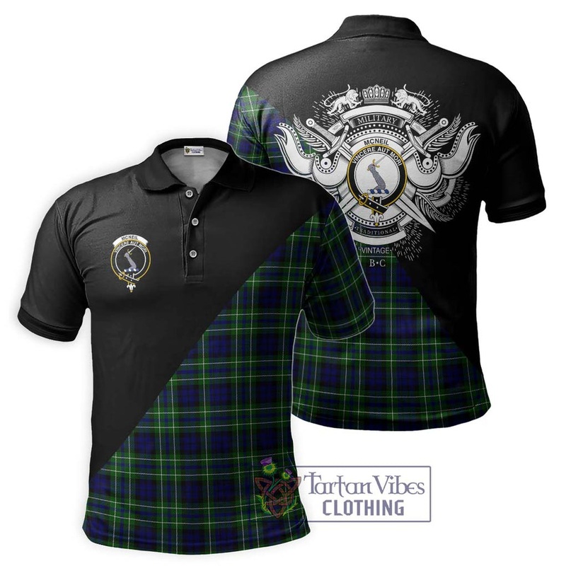 McNeil of Colonsay Modern Tartan Polo Shirt with Family Crest and Military Logo Style