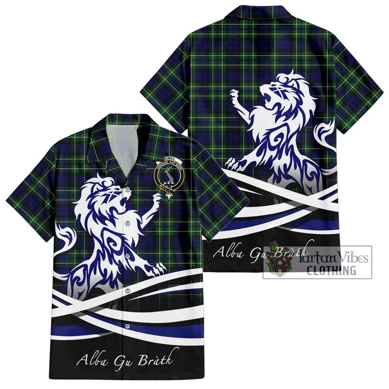 McNeil of Colonsay Modern Tartan Short Sleeve Button Shirt with Alba Gu Brath Regal Lion Emblem