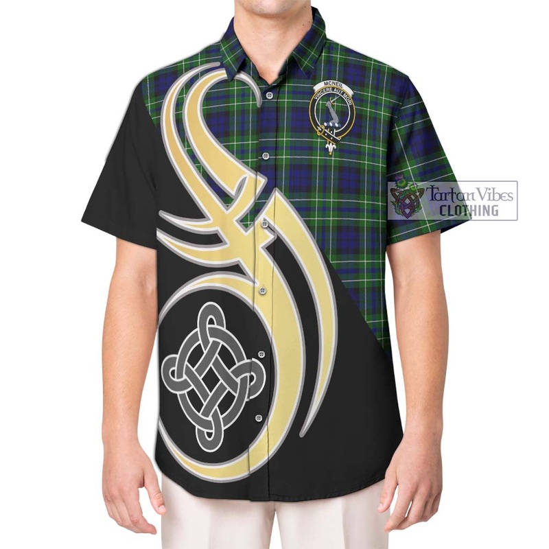 McNeil of Colonsay Modern Tartan Short Sleeve Button Shirt with Family Crest and Celtic Symbol Style