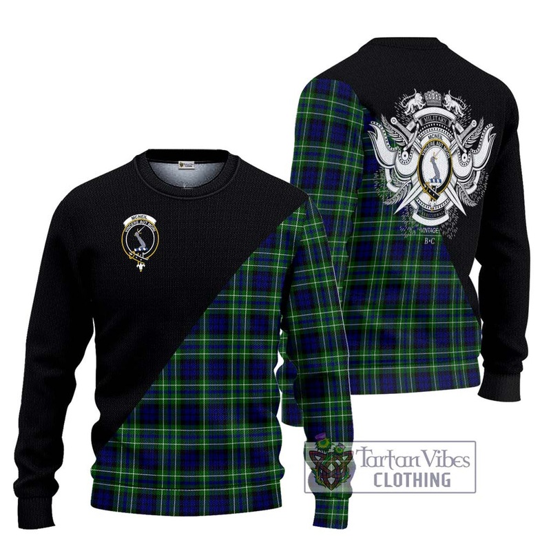McNeil of Colonsay Modern Tartan Ugly Sweater with Family Crest and Military Logo Style