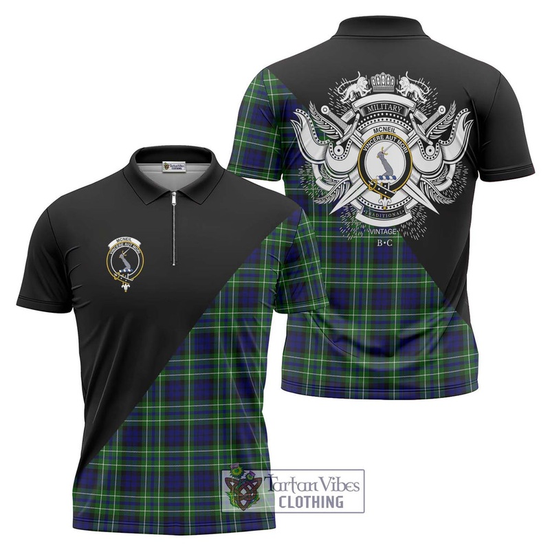 McNeil of Colonsay Modern Tartan Zipper Polo Shirt with Family Crest and Military Logo Style