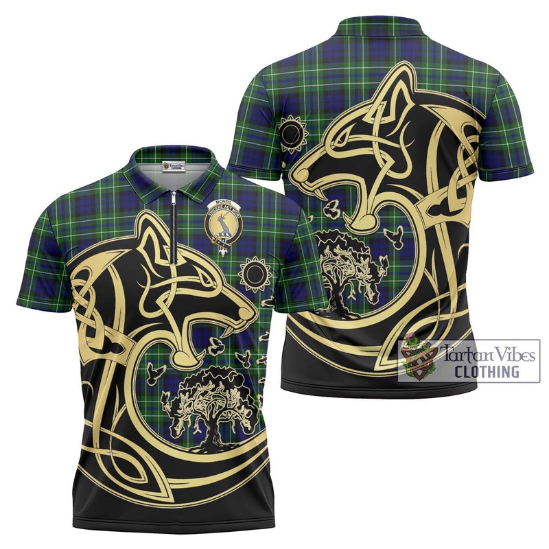 McNeil of Colonsay Modern Tartan Zipper Polo Shirt with Family Crest Celtic Wolf Style