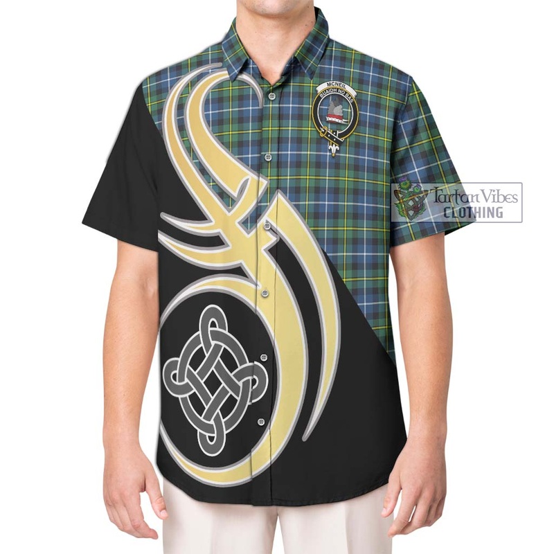 McNeil of Barra Ancient Tartan Short Sleeve Button Shirt with Family Crest and Celtic Symbol Style