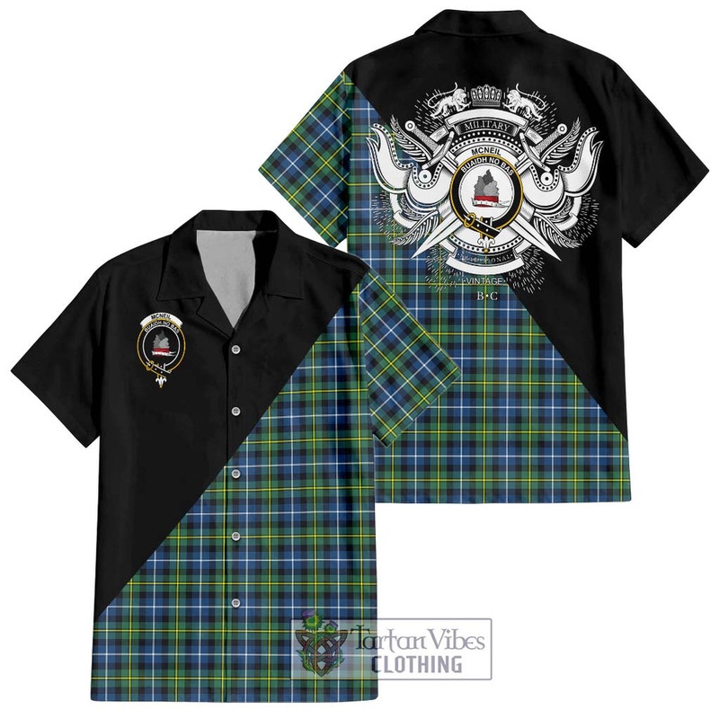 McNeil of Barra Ancient Tartan Short Sleeve Button Shirt with Family Crest and Military Logo Style