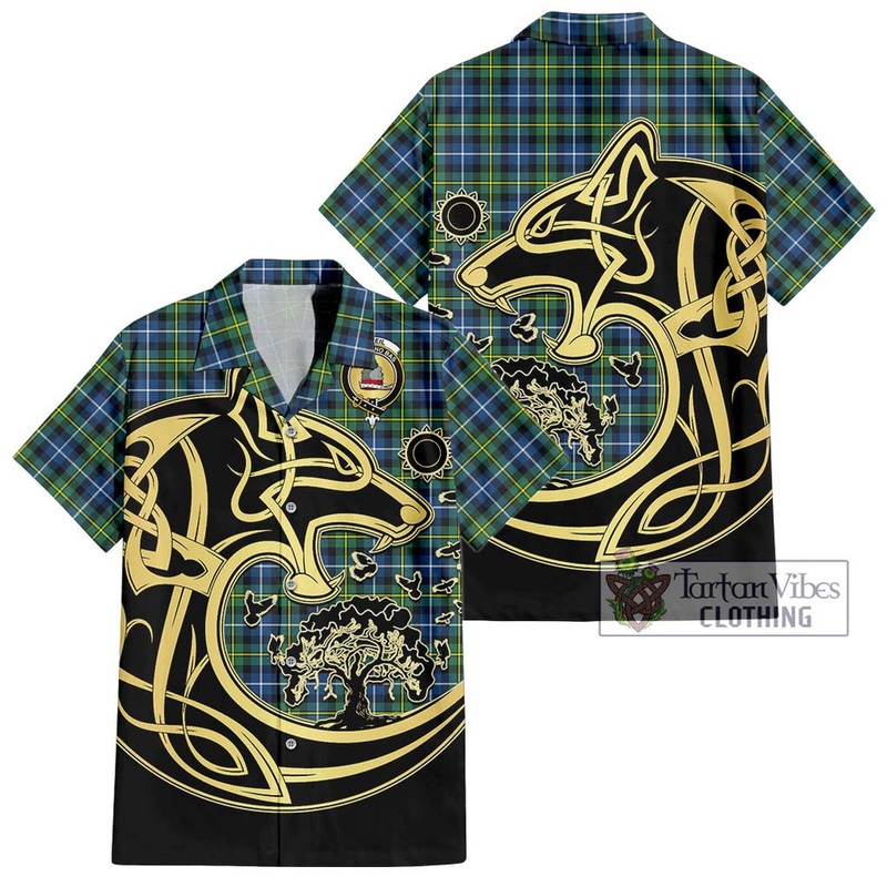 McNeil of Barra Ancient Tartan Short Sleeve Button Shirt with Family Crest Celtic Wolf Style