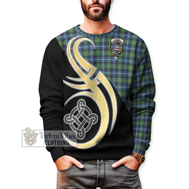 McNeil of Barra Ancient Tartan Sweatshirt with Family Crest and Celtic Symbol Style