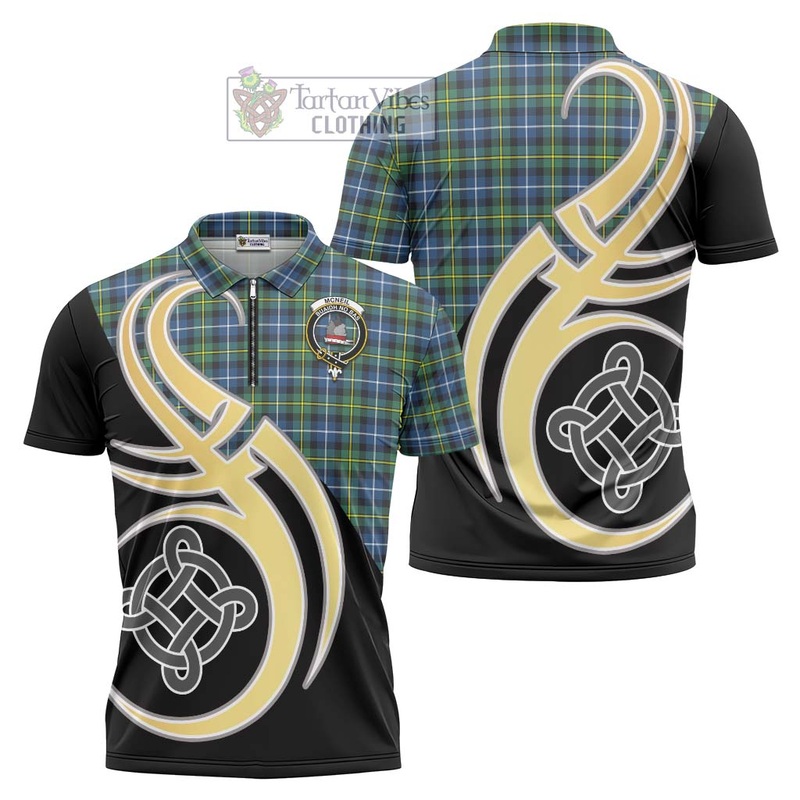 McNeil of Barra Ancient Tartan Zipper Polo Shirt with Family Crest and Celtic Symbol Style