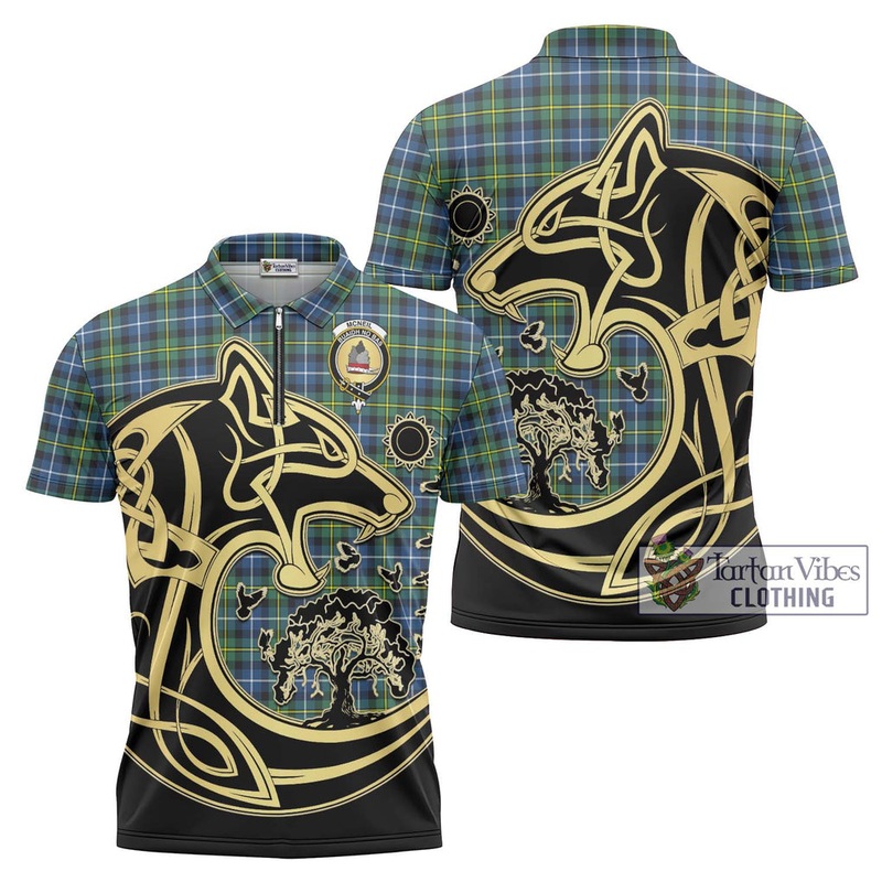 McNeil of Barra Ancient Tartan Zipper Polo Shirt with Family Crest Celtic Wolf Style