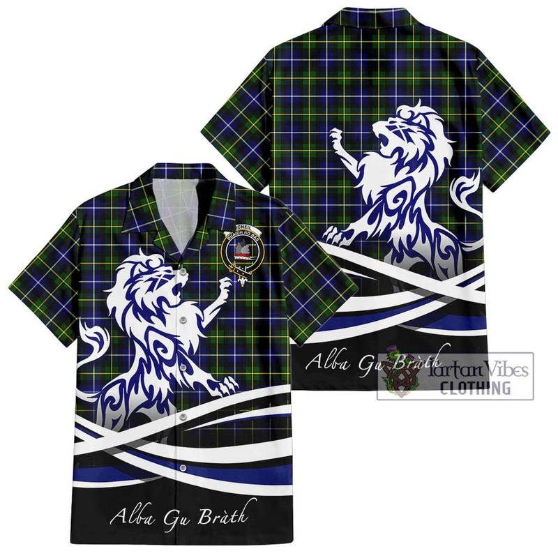 McNeil of Barra Modern Tartan Short Sleeve Button Shirt with Alba Gu Brath Regal Lion Emblem