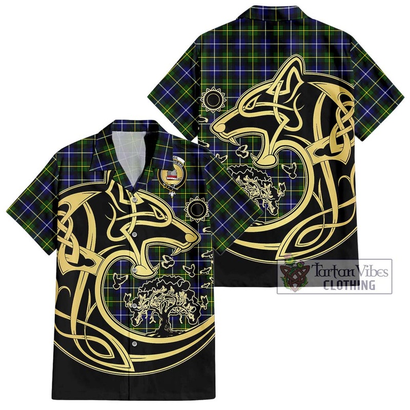 McNeil of Barra Modern Tartan Short Sleeve Button Shirt with Family Crest Celtic Wolf Style