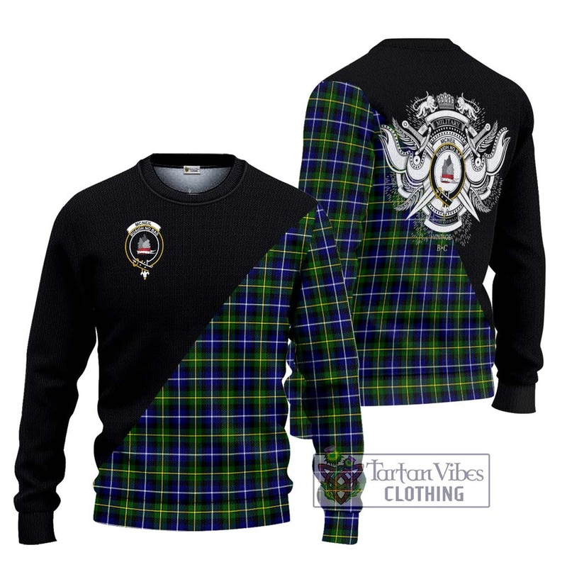 McNeil of Barra Modern Tartan Ugly Sweater with Family Crest and Military Logo Style