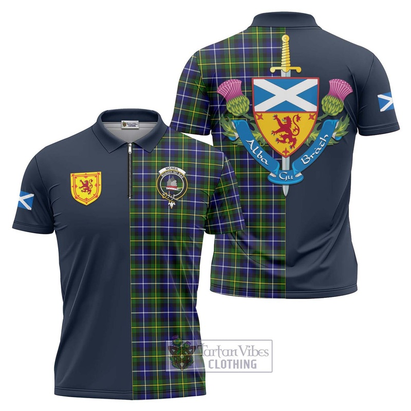 McNeil of Barra Modern Tartan Zipper Polo Shirt Alba with Scottish Lion Royal Arm Half Style