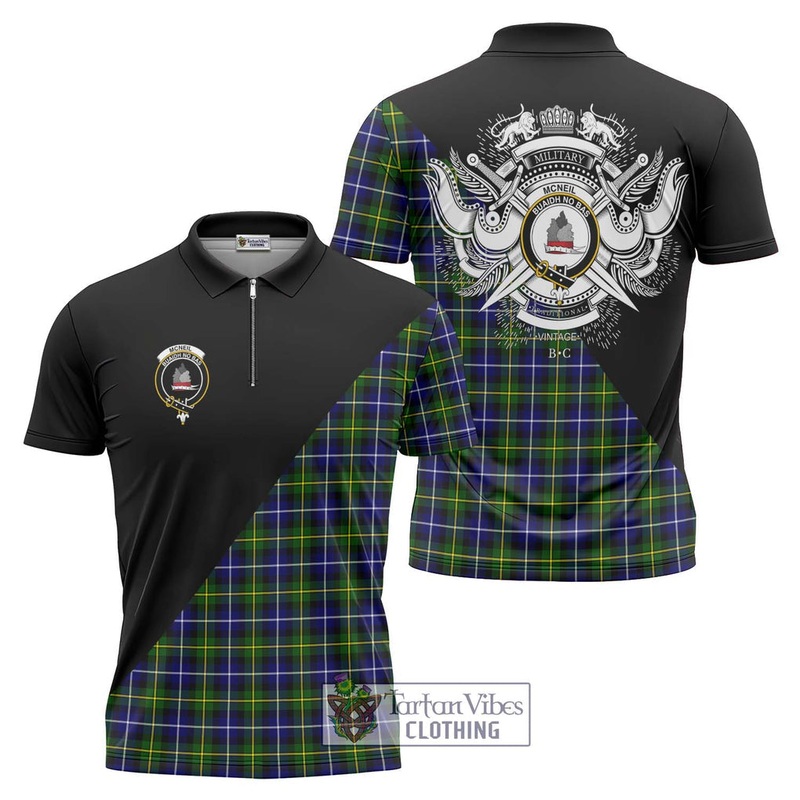 McNeil of Barra Modern Tartan Zipper Polo Shirt with Family Crest and Military Logo Style