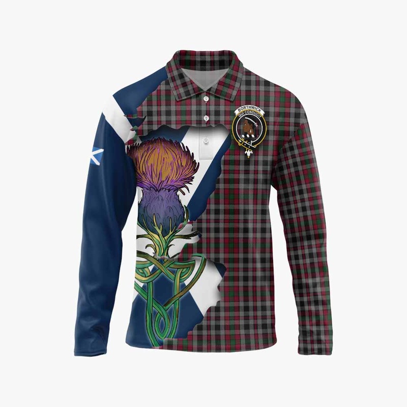 Borthwick Tartan Family Crest Long Sleeve Polo Shirt Scottish Thistle Celtic Inspired