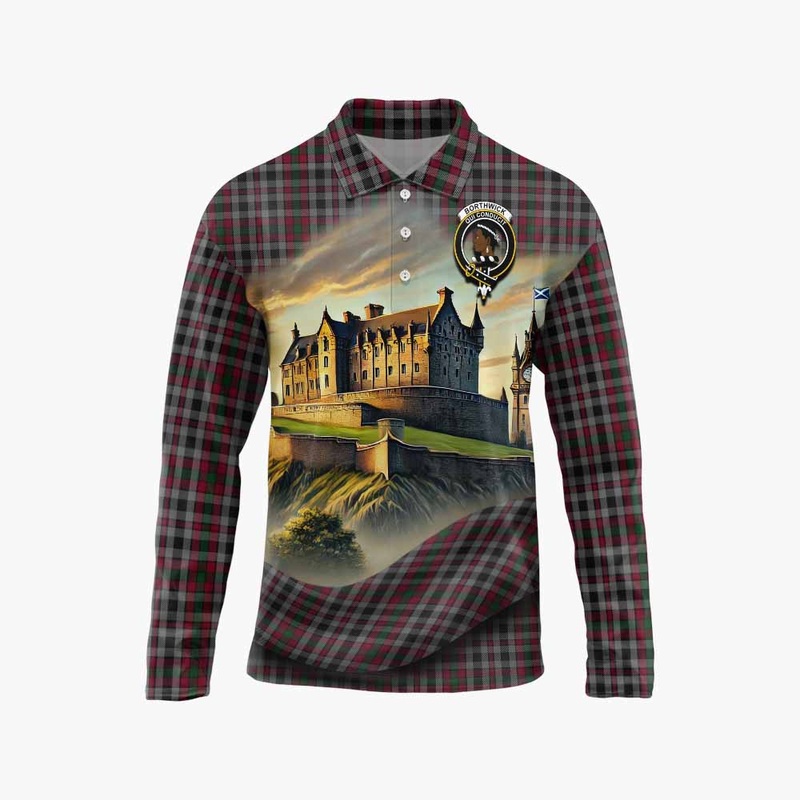 Borthwick Tartan Family Crest Long Sleeve Polo Shirt with Scottish Ancient Castle Style