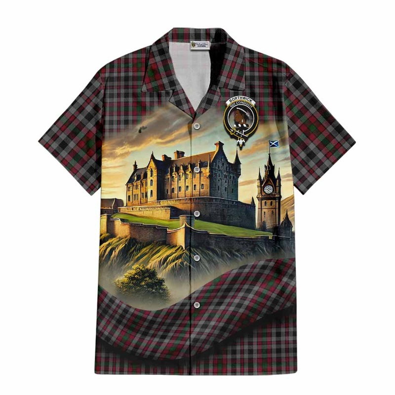 Borthwick Tartan Family Crest Short Sleeve Button Shirt with Scottish Ancient Castle Style