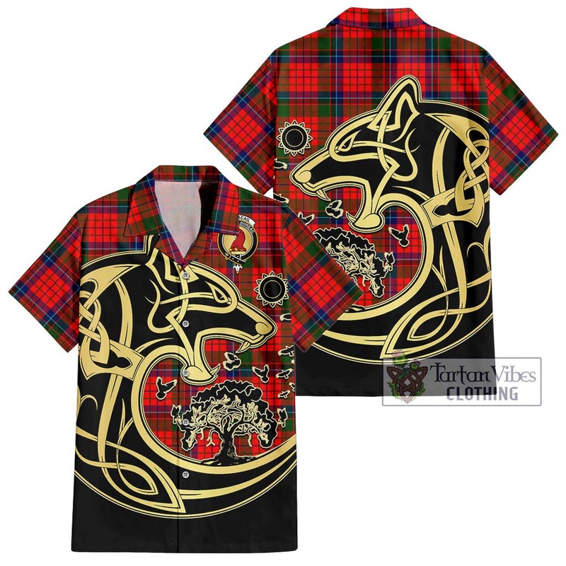 McNeacail of Scorrybreac Tartan Short Sleeve Button Shirt with Family Crest Celtic Wolf Style
