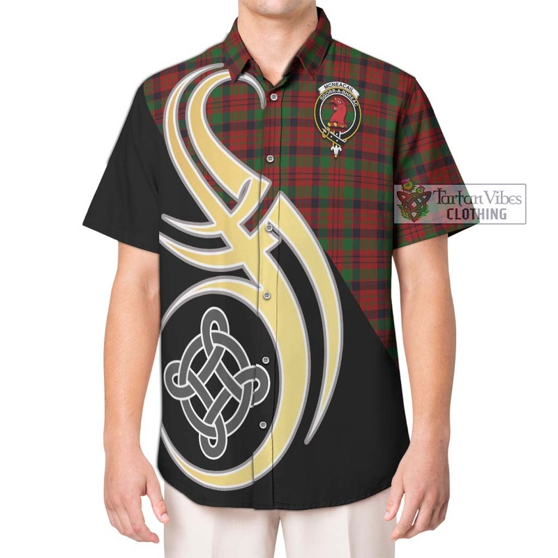 McNeacail Tartan Short Sleeve Button Shirt with Family Crest and Celtic Symbol Style