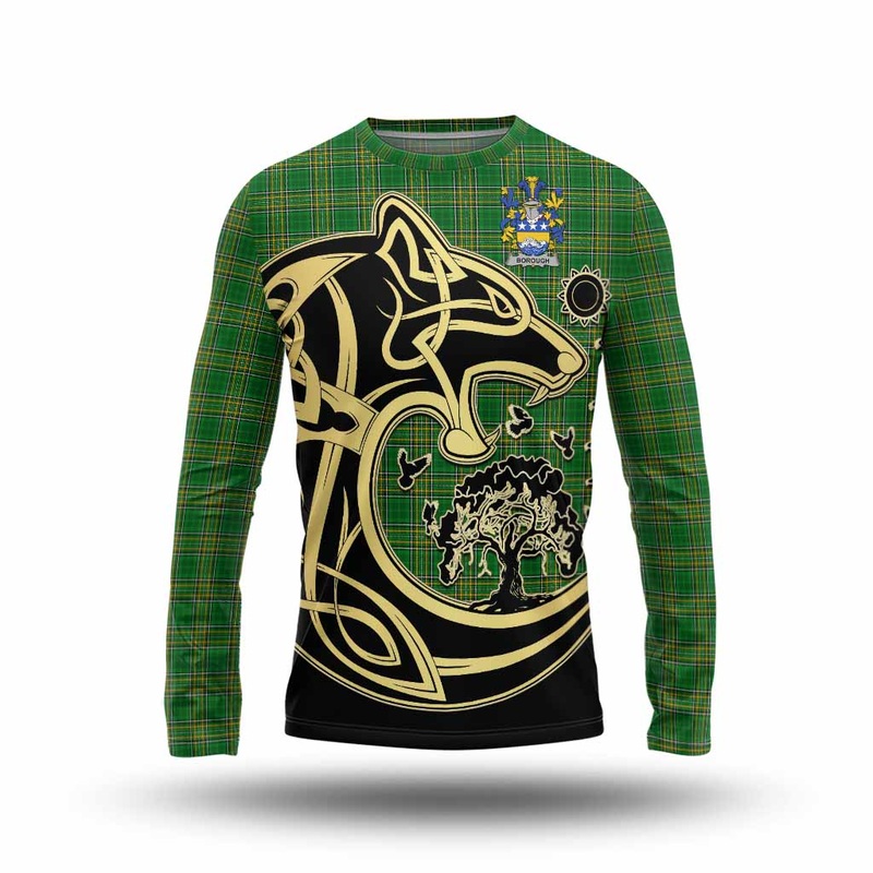 Borough Irish Tartan Long Sleeve T-Shirt with Coat of Arms Celtic Wolf Style
