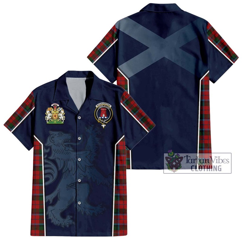 McNaughton Tartan Short Sleeve Button Shirt with Family Crest and Lion Rampant Vibes Sport Style