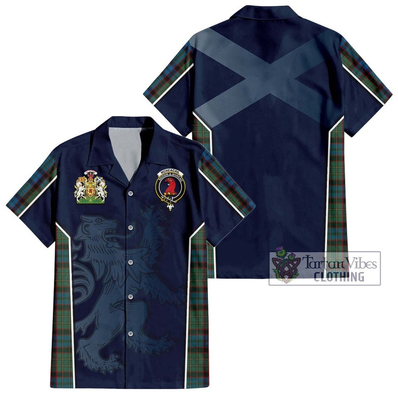 McNeacail Hunting Tartan Short Sleeve Button Shirt with Family Crest and Lion Rampant Vibes Sport Style