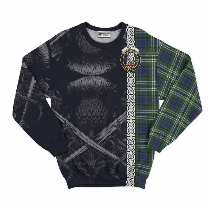 Blyth Tartan Sweatshirt with Family Crest Cross Sword Thistle Celtic Vibes