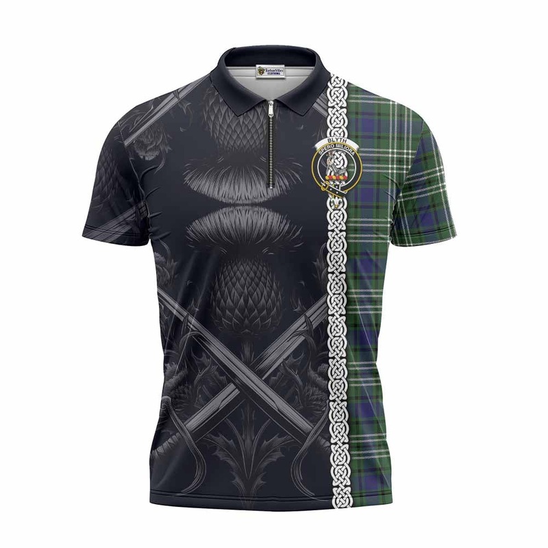 Blyth Tartan Zipper Polo Shirt with Family Crest Cross Sword Thistle Celtic Vibes