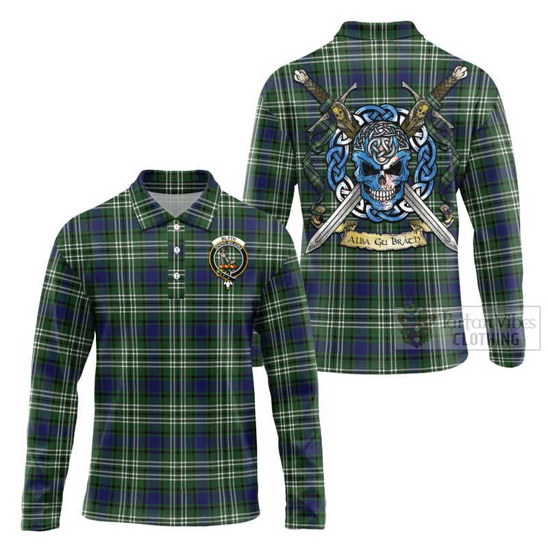Blyth Tartan Long Sleeve Polo Shirt with Family Crest Celtic Skull Style