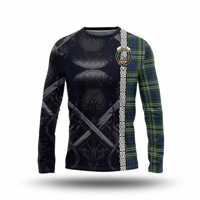 Blyth Tartan Long Sleeve T-Shirt with Family Crest Cross Sword Thistle Celtic Vibes