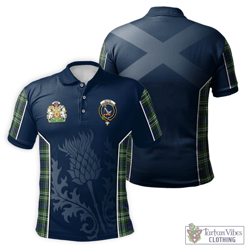 Blyth Tartan Men's Polo Shirt with Family Crest and Scottish Thistle Vibes Sport Style