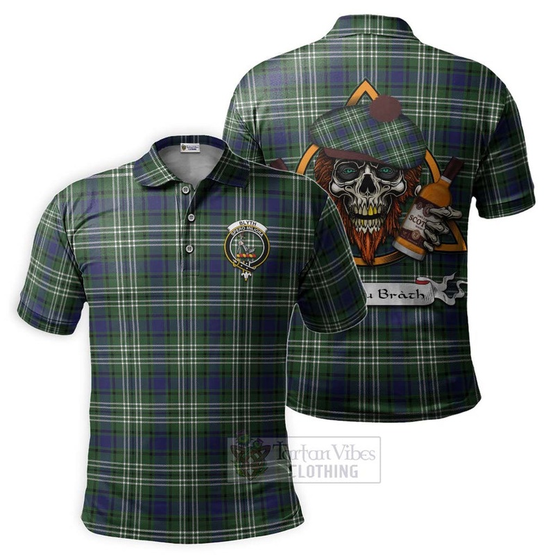 Blyth Tartan Polo Shirt with Family Crest and Bearded Skull Holding Bottles of Whiskey
