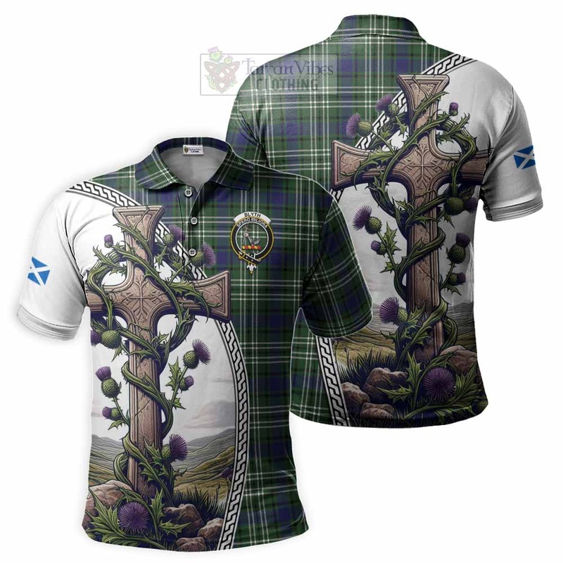 Blyth Tartan Polo Shirt with Family Crest and St. Andrew's Cross Accented by Thistle Vines