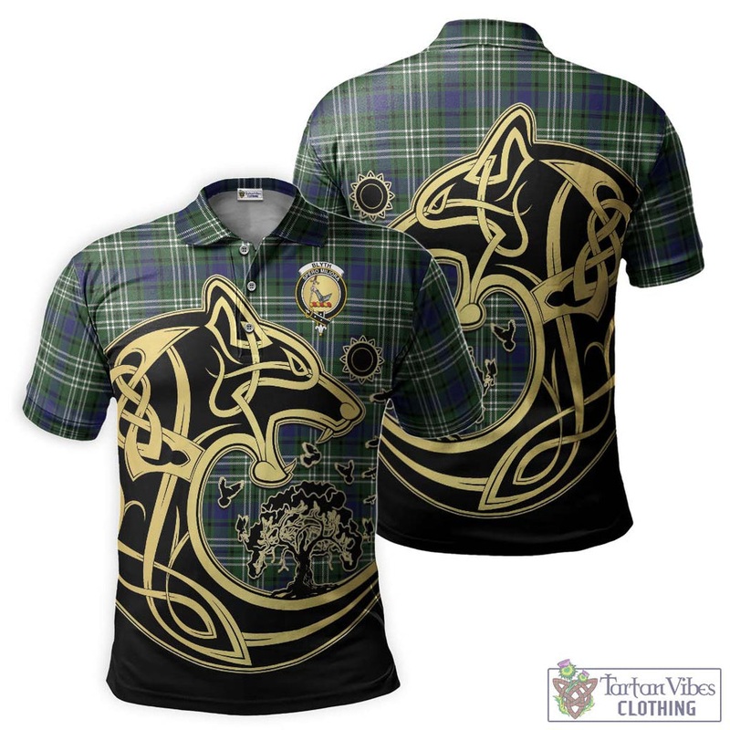 Blyth Tartan Polo Shirt with Family Crest Celtic Wolf Style