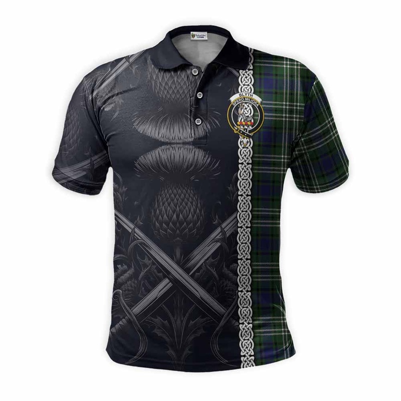 Blyth Tartan Polo Shirt with Family Crest Cross Sword Thistle Celtic Vibes
