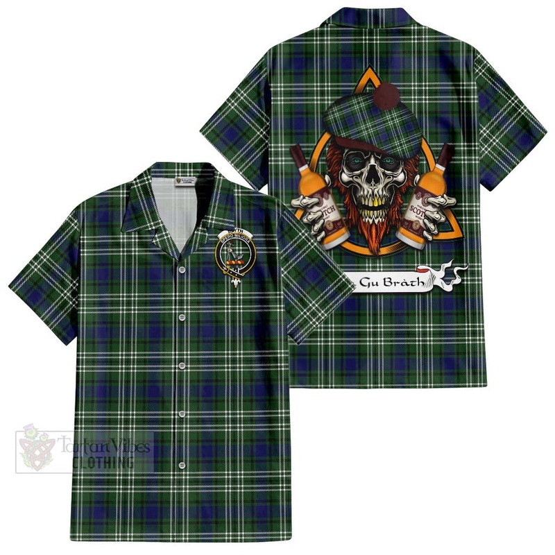 Blyth Tartan Short Sleeve Button Shirt with Family Crest and Bearded Skull Holding Bottles of Whiskey