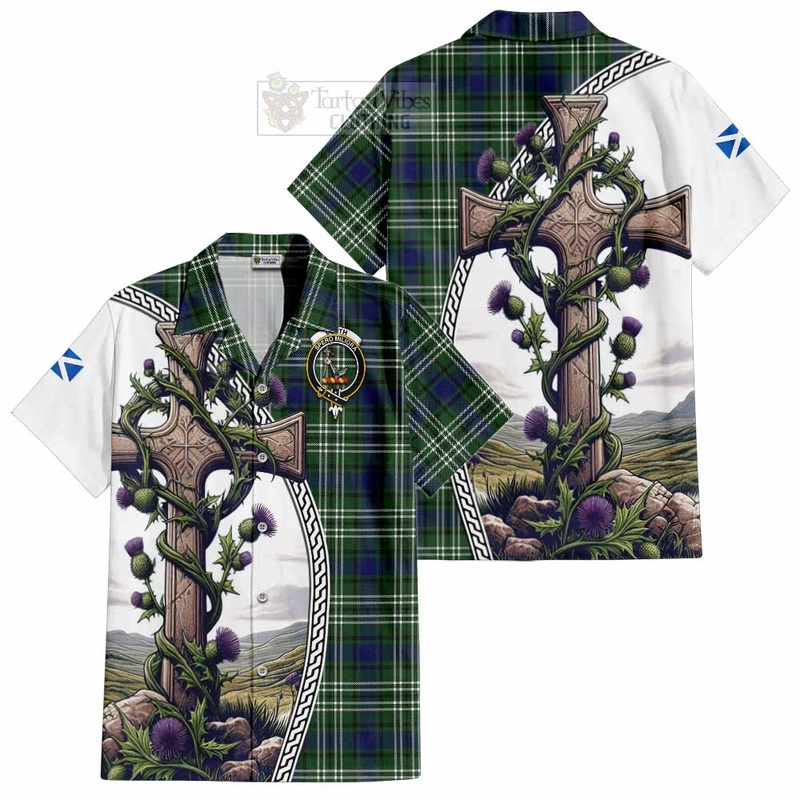 Blyth Tartan Short Sleeve Button Shirt with Family Crest and St. Andrew's Cross Accented by Thistle Vines
