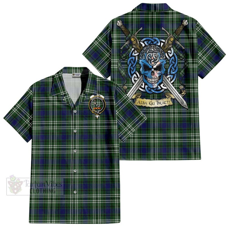 Blyth Tartan Short Sleeve Button Shirt with Family Crest Celtic Skull Style
