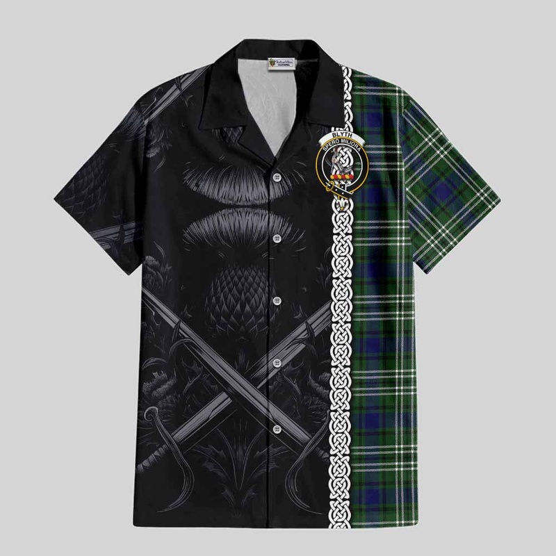 Blyth Tartan Short Sleeve Button Shirt with Family Crest Cross Sword Thistle Celtic Vibes