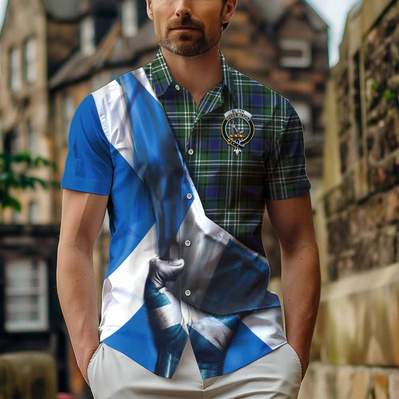 Blyth Tartan Short Sleeve Button Shirt with Family Crest Scotland Patriotic Style