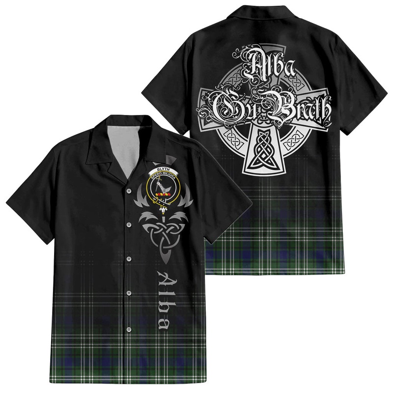 Blyth Tartan Short Sleeve Button Up Shirt Featuring Alba Gu Brath Family Crest Celtic Inspired