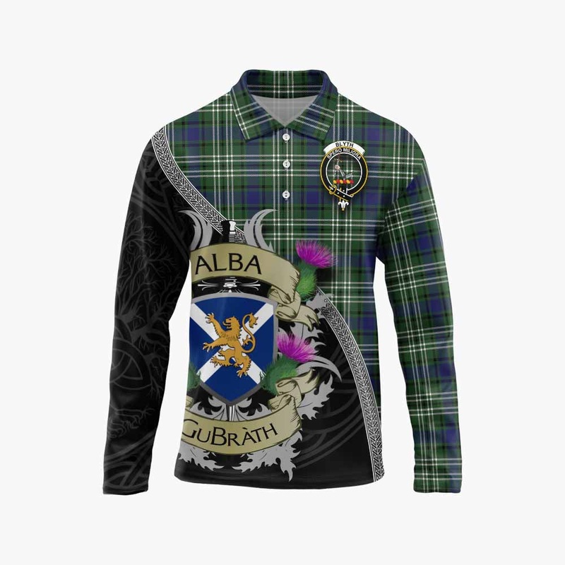 Blyth Tartan Family Crest Long Sleeve Polo Shirt Lion Rampant Royal Thistle Shield Celtic Inspired
