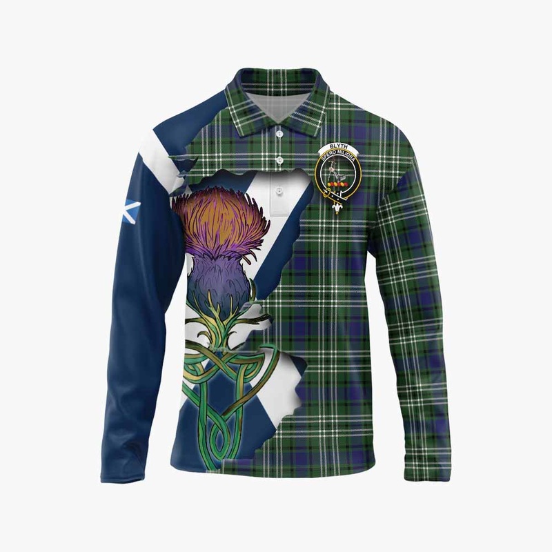 Blyth Tartan Family Crest Long Sleeve Polo Shirt Scottish Thistle Celtic Inspired