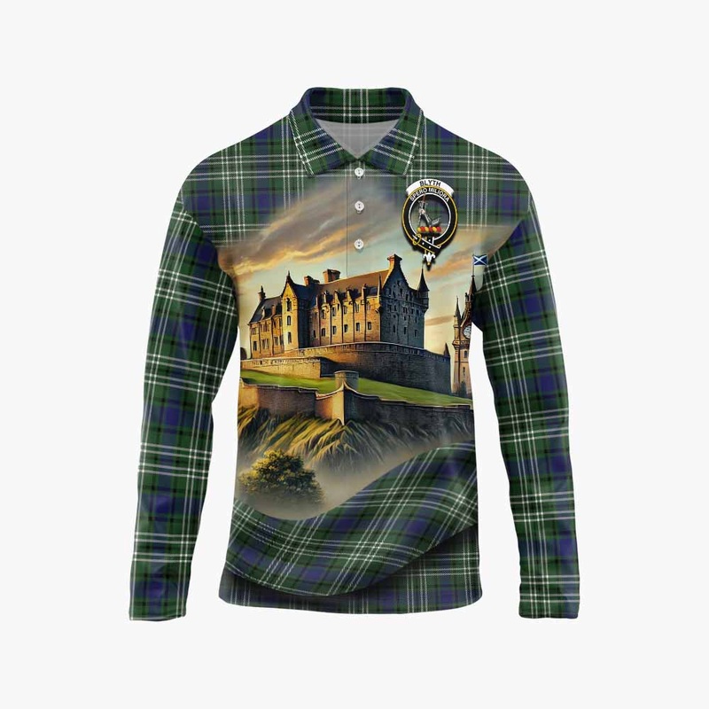 Blyth Tartan Family Crest Long Sleeve Polo Shirt with Scottish Ancient Castle Style