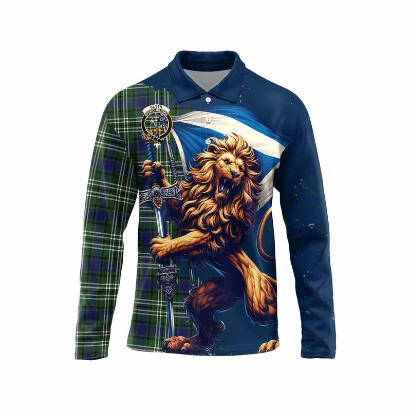 Blyth Tartan Family Crest Long Sleeve Polo Shirt with Scottish Majestic Lion