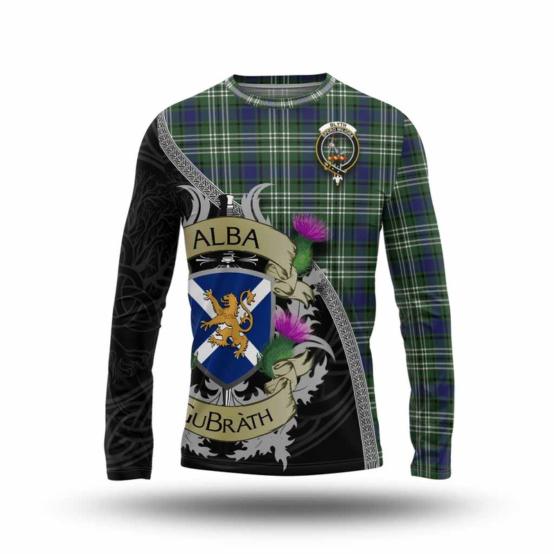 Blyth Tartan Family Crest Long Sleeve T-Shirt Lion Rampant Royal Thistle Shield Celtic Inspired
