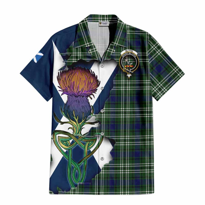 Blyth Tartan Family Crest Short Sleeve Button Shirt Scottish Thistle Celtic Inspired