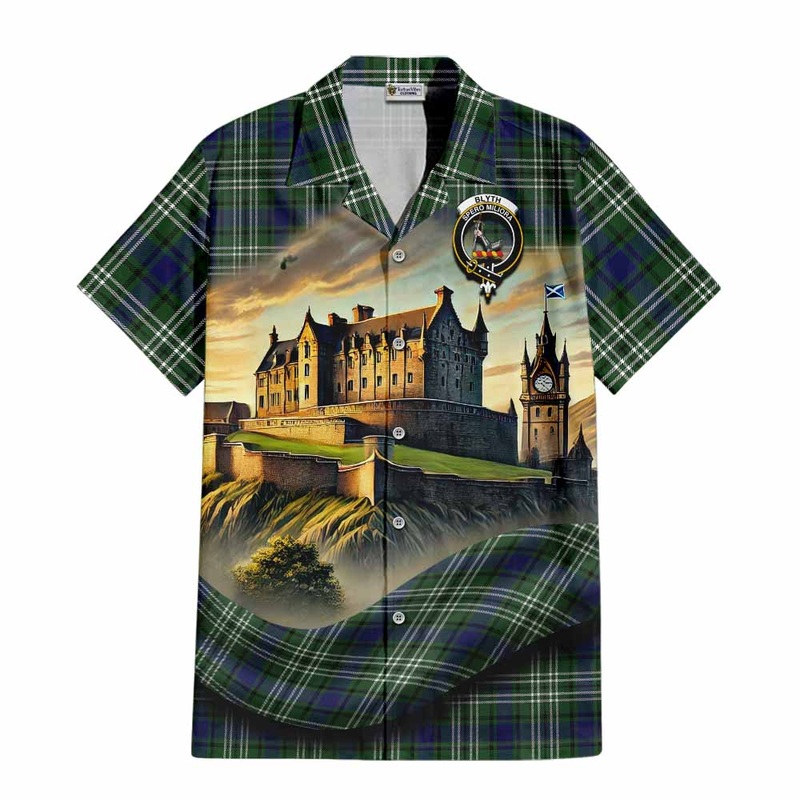Blyth Tartan Family Crest Short Sleeve Button Shirt with Scottish Ancient Castle Style